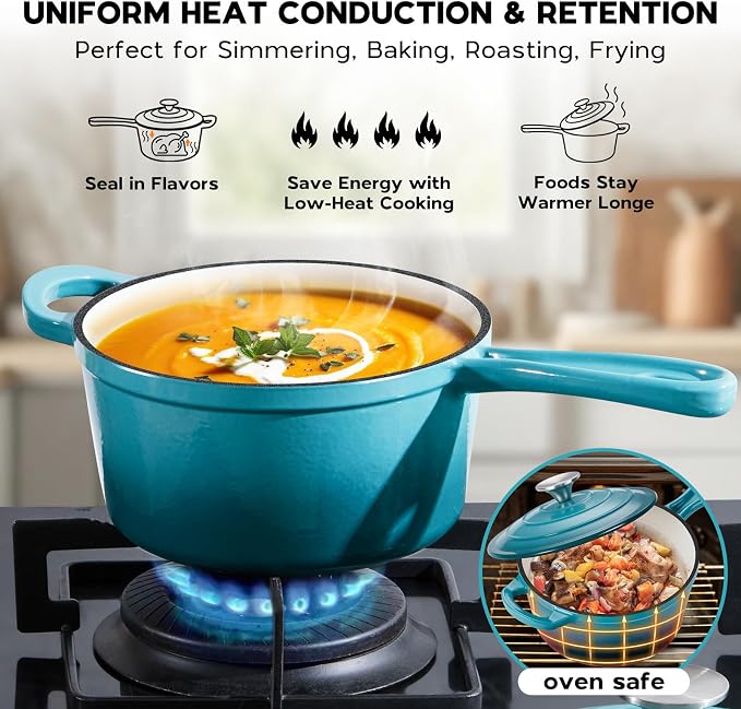 Onader Enameled Cast Iron Sauce Pan, 1QT & 2QT & 3QT Saucepan with Lid, Small Cast Iron Pot for Cooking, Enamel Dutch Oven, Nonstick & Heavy Duty – Dark Cyan