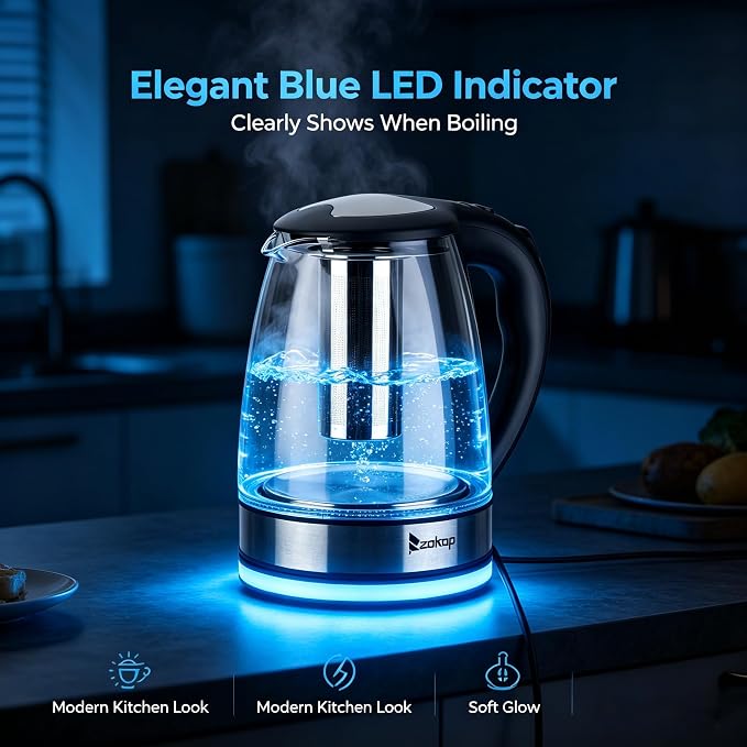 Electric Kettle, 7 Colors LED, Removable Tea Infuser, Glass Tea Kettle, 360° Swivel Base, BPA Free, Stainless Steel, Auto Shut-Off, Boil Dry and Overheat Protection for Coffee 1.8 L