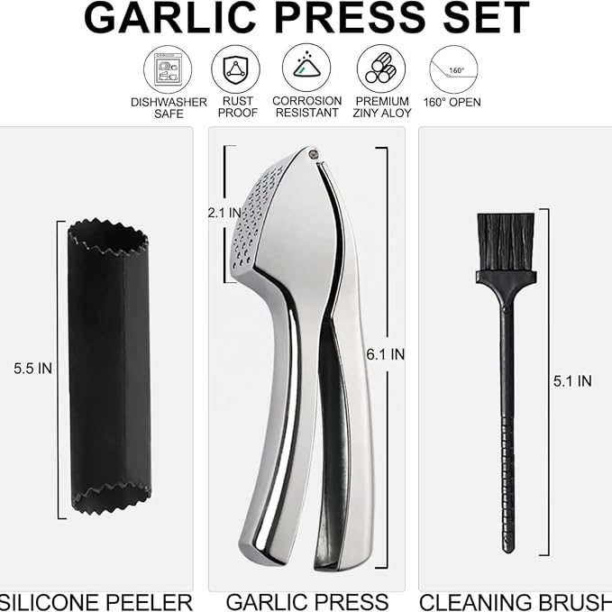 Garlic Press, Garlic Peeler and Cleaning Brush as 1 Set, Heavy Duty and Rust Proof Garlic Press Made of 304 Stainless Steel for Home and Kitchen Tools, Easy to Use & Dishwasher Safe