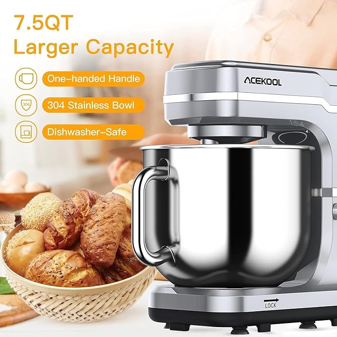 GarveeLife 7.5QT Stand Mixer, 10-Speed Tilt-Head Electric Food Mixer with Stainless Steel Bowl, 660W Motor, Dough Hook, Whisk & Beater, Compact Design for Home Baking,Silver