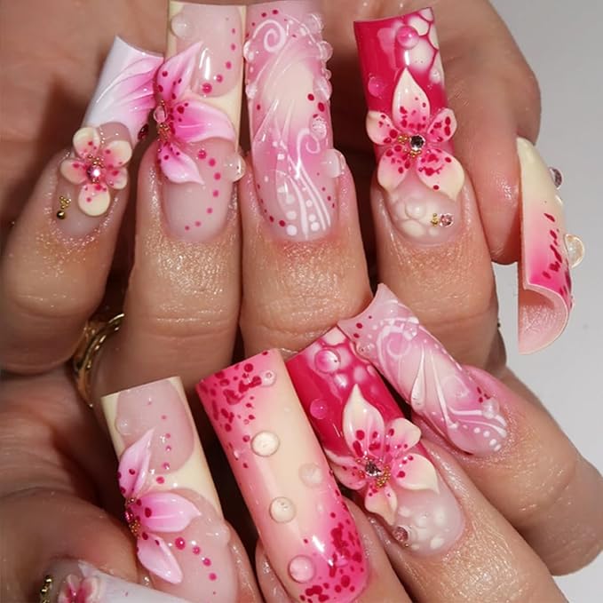 24Pcs Long Coffin Press On Nails Pink Gradient Fake Nails with 3D Flower& Rhinestone Design Summer Glue On Nails Acrylic Nail Tips False Nails Full Cover French Tip Stick on Nails for Women Manicure