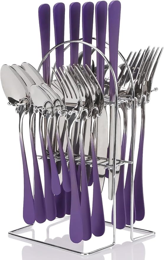 24 Pieces Flatware Set, Caliamary Stainless Steel Flatware Set with Silverware Holder Spoons Forks Knives,Utensils Set Service for 6,Gold Mirror Polished and Matte Pink Painted (GradientPurple)