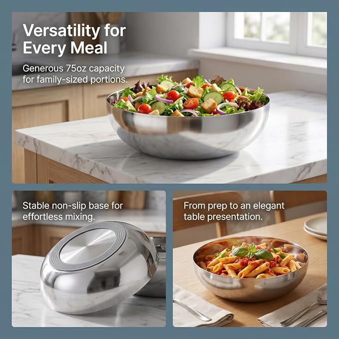 CALLARON 75oz Stainless Steel Mixing Bowls - 9.4 inch Large Metal Serving Bowl, Non-Slip Silver Decorative Bowl for Salad, Pasta, Soup, Fruit, Dishwasher Safe