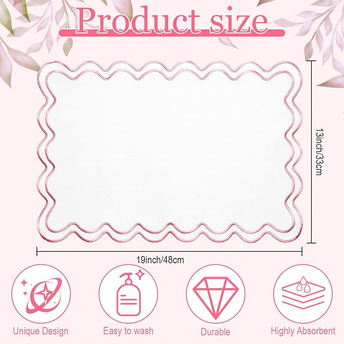 HunnmingRe White with Pink Set of 6 Cotton Linen Wedding Placemats, 13x19 Inch Scalloped Wavy Embroidery Placemat Double Layered Washable Rustic Rectangle Dinner Table Mat for Home Decor
