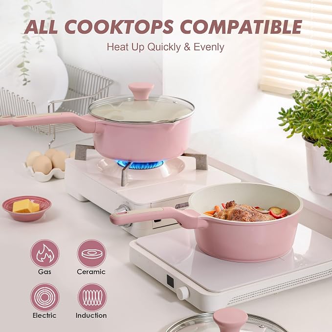 SENSARTE Ceramic Nonstick Saucepan with Double Pouring Spout, 3QT, Pink | Cooking Pot with Stay Cool Handle, Induction Compatible, Ceramic Coating, PFOA/PFAS/PTFE Free