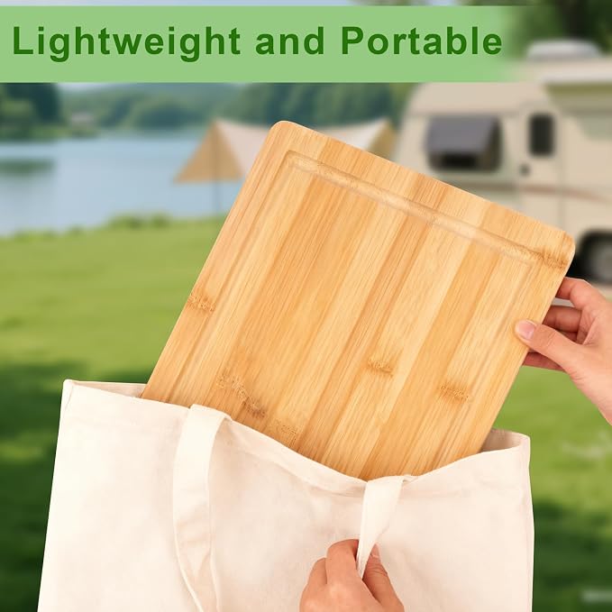 Bamboo Cutting Board, Wood Chopping Board with Juice Groove and Handle, 12×9 Inch Lightweight Kitchen Cutting Board for Fruit, Vegetables, Bread, Cheese, Snacks, Meat, BBQ, and Serving
