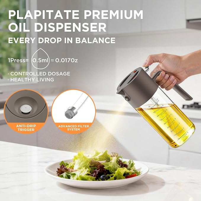 PLAPITATE 17oz/500ml Premium Olive Oil Sprayer for Cooking, 2 in 1 Glass Olive Oil Dispenser Bottle for Kitchen Gadgets, Spray Bottle with Portion Control for Salad, Frying, BBQ (Gray)