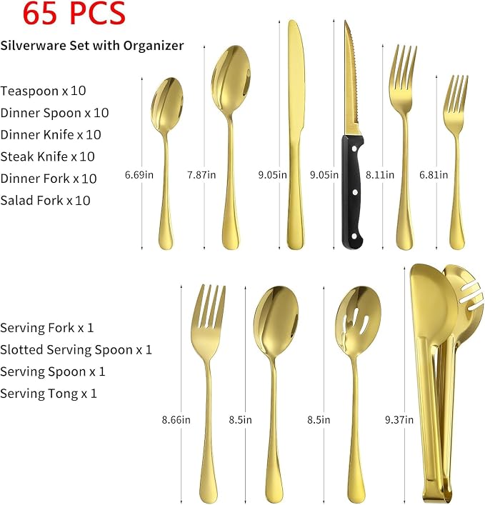 65PCS Gold Silverware Set for 10 with Flatware Drawer Organizer, Stainless Steel Cutlery Set with Steak Knives, Include Spoons and Forks Set & Serving Utensils, Mirror Polished, Dishwasher Safe