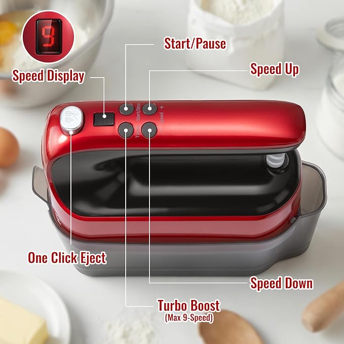 CBQ Hand Mixer Electric, 9 Speed 400W Handheld Mixer with Digital, Touch Button, Turbo, Snop-On Storage Case, 5 Stainless Steel Accessories, Hand Mixer Electric Handheld for Cake, Cookie, Egg (Red)