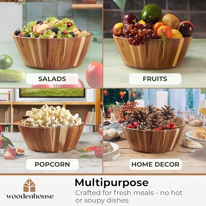 Wooden Salad Bowl, 12" Round Wood Bowl for Fruit & Serving | Handmade, Durable & Stylish Natural Dining Accessory – Elegant Design for Any Table
