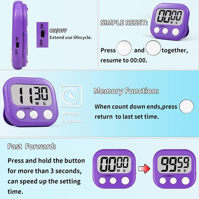 Timer for Kids Digital Kitchen Timers for Cooking- 4 Pack Blue Purple | Countdown Timer for Classroom Study Exercise Teacher Supplies, Strong Magnetic, Loud Alarm, Large Screen, Fast Reset, Memory