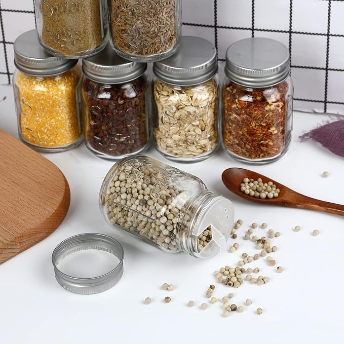 30 Pack 4oz Glass Mason Spice Jars Bottles | Empty Round Spice Containers with Silver Airtight Metal Caps and Pour/Sift Shaker Lid