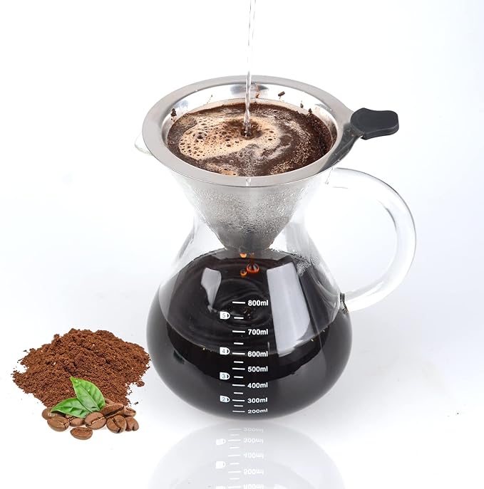 T-mark Double layer reusable stainless steel filter 800ml/27oz | BPA-Free Glass Coffee Carafe, Glass Coffee Maker, Coffee Dripper Brewer.