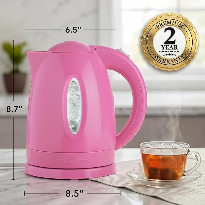 OVENTE 1.7L Electric Kettle with 1100W Fast Boiling Water, Pink KP72P | Best For Coffee or Tea, BPA-Free, Water Level Gauge, Auto Shut-Off, Indicator Light, Boil-Dry Protection & Removable Filter