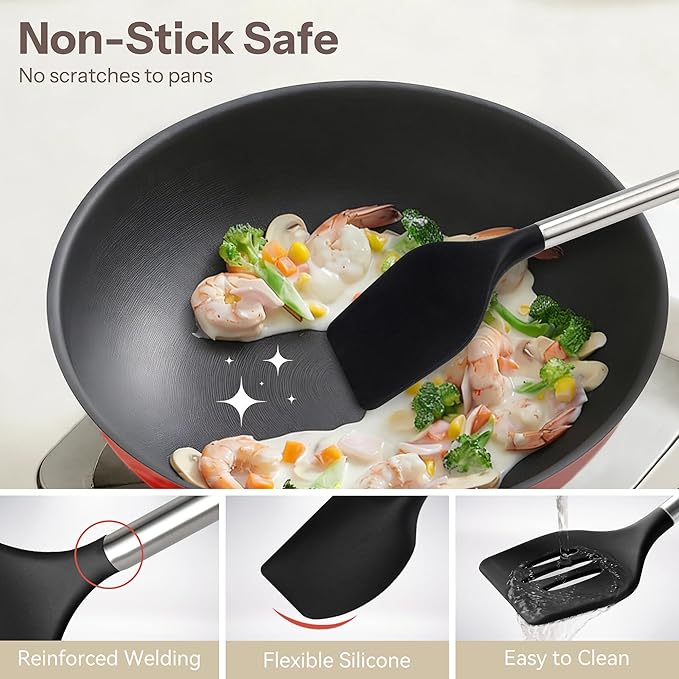 NCUE 28-Piece Silicone Kitchen Utensils Set with Stainless Steel Handles | 446°F Heat Resistant Cooking Utensils Set with Holder, BPA-free Food Grade, Nonstick Cookware Safe, Great for New Home Baking