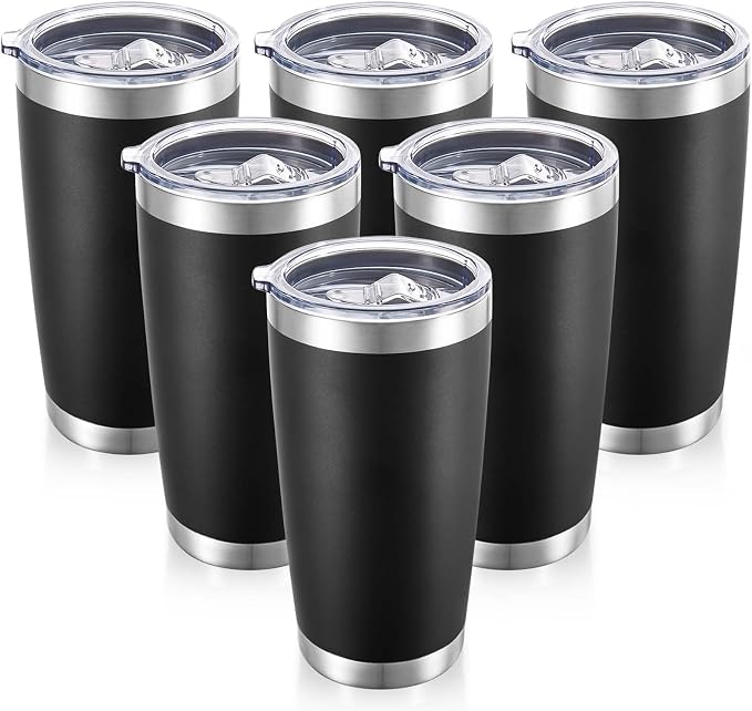 20 oz Tumblers Bulk Stainless Steel Tumbler with Lid, 6 Pack | Black, 20oz Insulated Coffee Mug, Double Wall Vacuum, Powder Coated Cup, for Hot and Cold Drinks