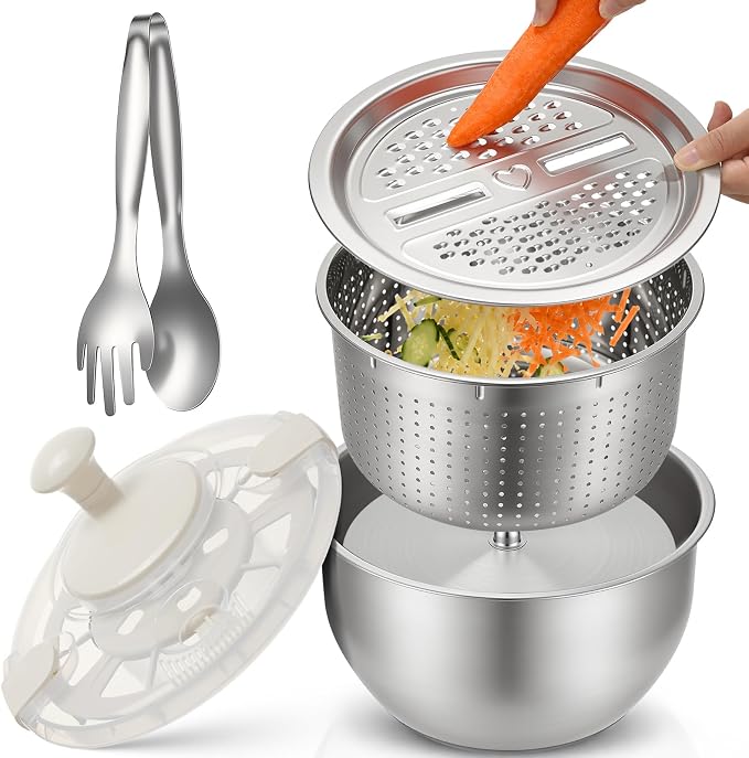 6L Stainless Steel Salad Spinner Set with Grater and Food Clip | Metal Salad Spinner, Fruit Vegetable Dryer with Built-in Drain Spout for Dehydrating Fruit and Vegetable, Pasta