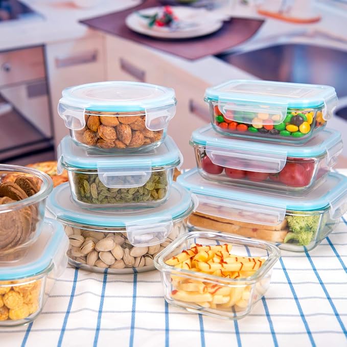 AILTEC 9 Pack Glass Food Storage Containers with Lids, 3 Shape Airtight Set | Ideal for Meal Prep, Lunch, Leak Proof, Borosilicate Glass Reusable, Microwave, Oven, Freezer Dishwasher Safe, BPA Free