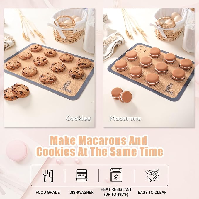 Silicone Baking Mat Macaron Set of 3-2 Half Sheet Liners 1 Quarter Sheet | Non Stick Silicon Cookie Oven Liner For Macaroons, Bake Pans, Pizza, Toaster, Cake and Bread Making (Red,Blue,Gray)