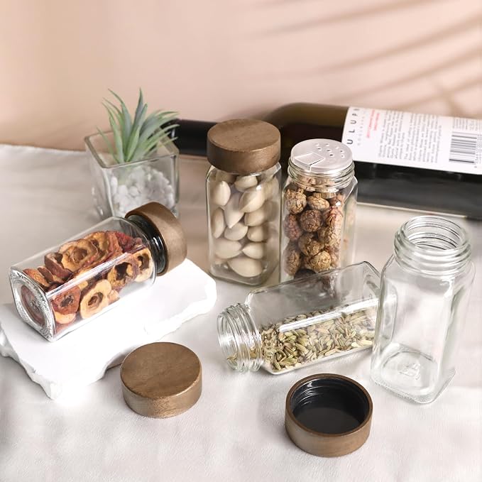 ZEHIQ 48Pcs 4oz Square Glass Spice Jars with Labels and Acacia Wood Lids | Food-Grade Seasoning Containers, Moisture-Proof, Shaker Lids, 348 Labels, Markers, Funnel, Brush, for Cabinet Drawer