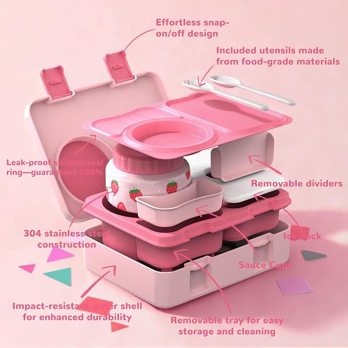 Bento Lunch Box for Kids Adult, Leakproof 3-4 Compartment Bento Box Set with Insulated Food Jar,Water Bottle, Lunch Bag, School Lunch Container for Toddler Teen Girls Boys Ages 3+(Strawberry)