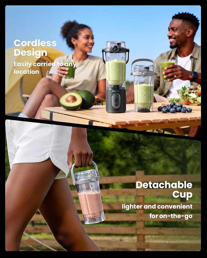 GDOR Portable Smoothie Blender, Twist & Go, Personal Blender Shakes and Smoothies, 3 Auto Programs, Ice Crush, 2x23 oz, Cordless, Dishwasher Safe, BPA-Free