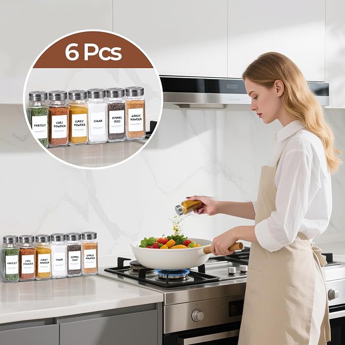 ComSaf Glass Spice Jars with Shaker Lids 8 oz 6 Pack Square | Labels, Seasoning Herbs Powders, Salt Pepper Chili, Spice Rack Organization, Kitchen Cabinet Storage, Funnel Included