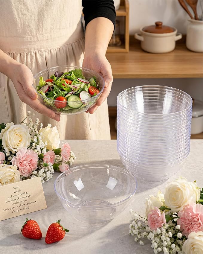 bUCLA 50 Pack Clear Plastic Serving Bowls - 24oz Disposable Salads, Cereal, Fruit, Dessert & Soup Bowls for Wedding & Party