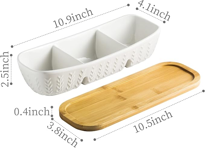Miamolo Condiment Bowls Divided Serving Tray, Chip and Dip Bowl for Party | Ceramic 10-inch, 3 Compartment Tray + Wood Base | for Snacks Appetizer Charcuterie, Microwave Oven Safe, Hosting Essentials