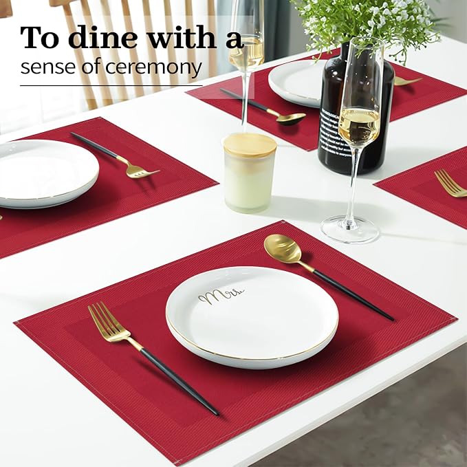 Red Placemats Set of 8, 12x18 Inch Faux Linen Table Mats | Heat Resistant and Washable Design, Easy to Clean Surface for Dining Rooms, Kitchens, Outdoor Parties and Everyday Home Decor