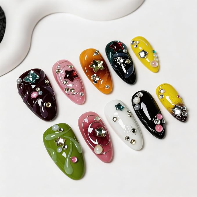 Handmade Press on Nails - Luxury Star & Rhinestone Design Medium Almond Thicked Fake Nails Muti-Layer Gel Handmade Acrylic Nails with 3D Charms Full Cover Stick on Nail for Women 10Pcs（S)