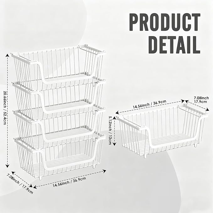 4 Pcs Stackable Wire Baskets for Pantry Organizers and Storage, | Vegetable Fruit Basket for Countertop,Kitchen Storage Metal Baskets,Produce Potato Onion Storage Bin,White