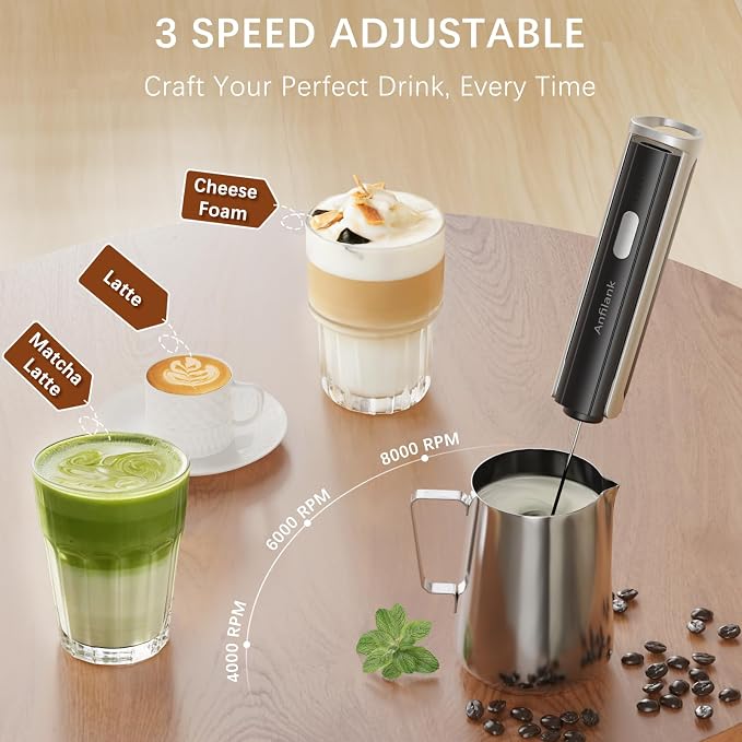 Anfilank Handheld Milk Frother Wand with Folding Stand, Rechargeable Electric Whisk with 3 Speeds & 3 Stainless Heads, Milk Foam Maker with Stand for Latte, Cappuccino, Hot Chocolate, Egg
