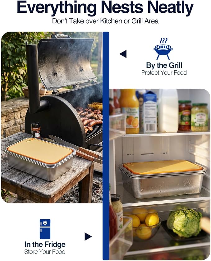 Pro 6 in 1 Grill Prep Tray and Carry System, Large Grilling Prep and Serve Trays with Lid and Cutting Board, Deep Meat Marinating Container as BBQ Grilling Gift, Pro Series, XL