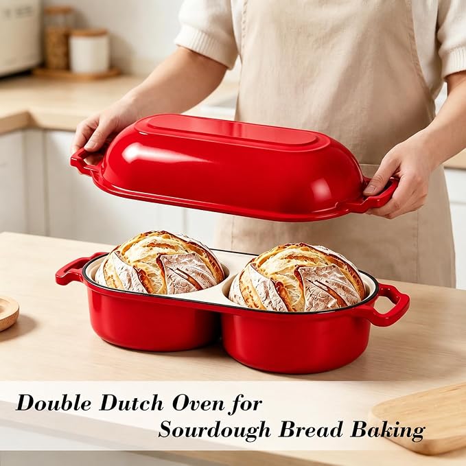Double Dutch Oven for Sourdough Bread Baking, Enameled Cast Iron Bread Pot with Lid, Double Round Loaf Space, 500F Oven Safe, Non Stick Mini Loaf Pans for Homemade Cake Meatloaf