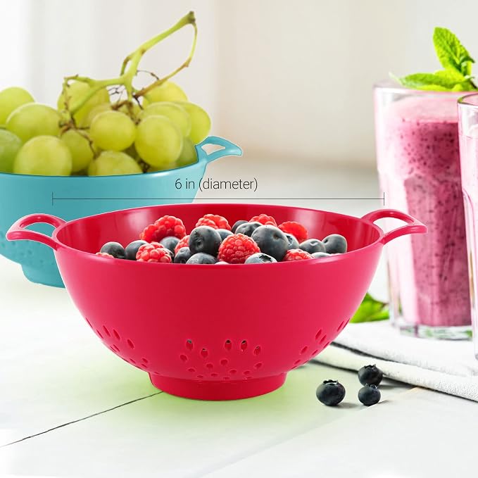 Meadow Lane 6-Inch Small Colanders, 3-Cup Food Strainers, Red/Blue, 2-Pack | BPA-free, dishwasher-safe mini colander has a wide, shallow bowl, 1/8-inch holes, two handles, ring foot and smooth edges.