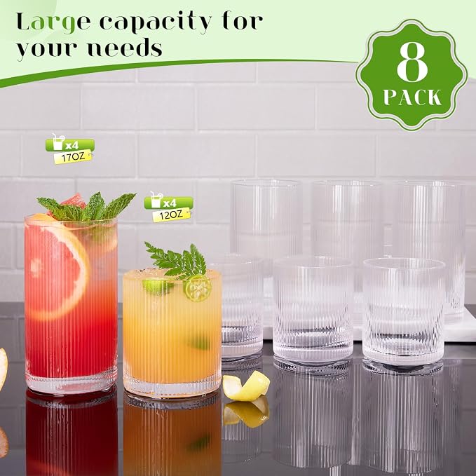 Ribbed Drinking Glasses Cups Set of 8 Large Capacity Highball 17oz&12oz | Rocks Cocktail Glasses Ideal for Beer, Juice, Water, Ice Coffee Cup, Whiskey, Mixed Drinkware