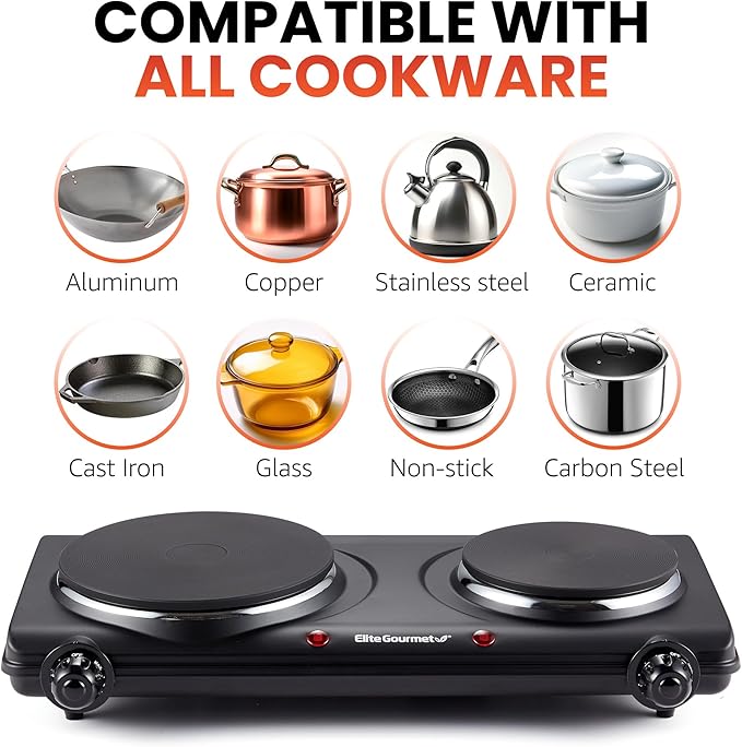 Elite Gourmet EDB-302BF# Double Cast Iron Burner, 1500W Hot Plate, Black | Adjustable temperature control, power indicator lights, easy-to-clean surface, countertop design