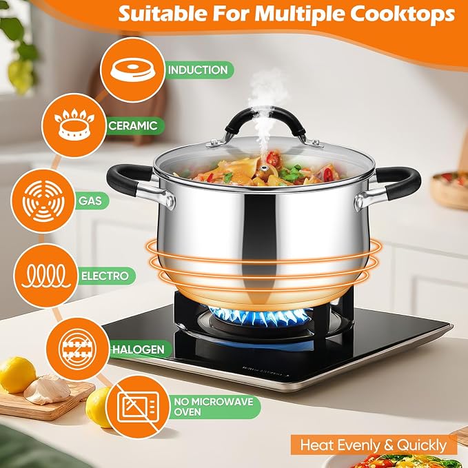 P&P CHEF 8 Quart Stainless Steel Stock Pot, Cooking Pot with Visible Lid | For Soup Pasta, Tri-Ply Bottom & Dual Heatproof Handles, For Induction Gas All Stoves, Non-Toxic & Dishwasher Safe
