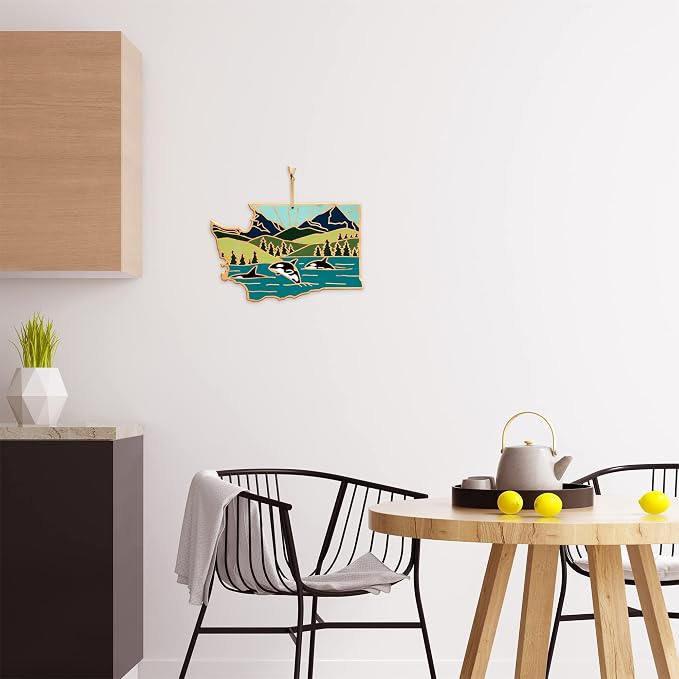 Totally Bamboo Washington State Shaped Cutting Board, Summer Stokes Art | State charcuterie board with colorful hand-drawn landscape art. Smooth reverse side for food prep. Hang tie for wall display.