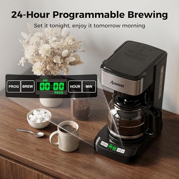 12 Cup Programmable Coffee Maker, 24-Hour Delay Brew, Drip Coffee | Large 1.8L Water Tank, Drip Coffee Machine with Glass Carafe & Reusable Filter, Measuring Spoon, 4-Hour Auto Keep Warm