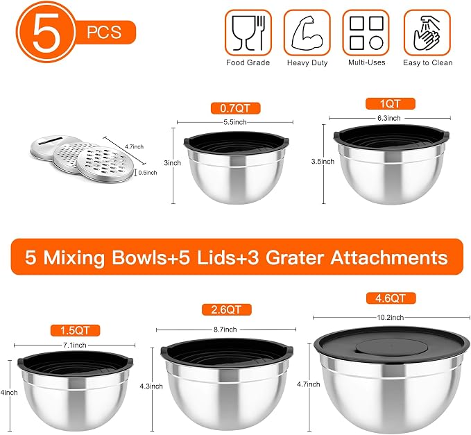 TeamFar Mixing Bowls with Lids, 5PCS Stainless Steel Metal Salad Bowl | with lids & 3 Grater Attachments, for Cooking/Prepping/Serving, Airtight Lids & Easy Clean - 0.7/1/1.5/2.6/4.6QT, Black
