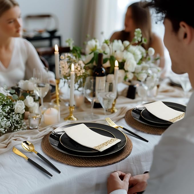 Bestluck 175PCS Black Plastic Dinnerware Set, Black Plastic Plates for 25 Guests, Include 50 Black Gold Plates with 75 Plastic Cutlery, 25 Napkins and 25 Cups