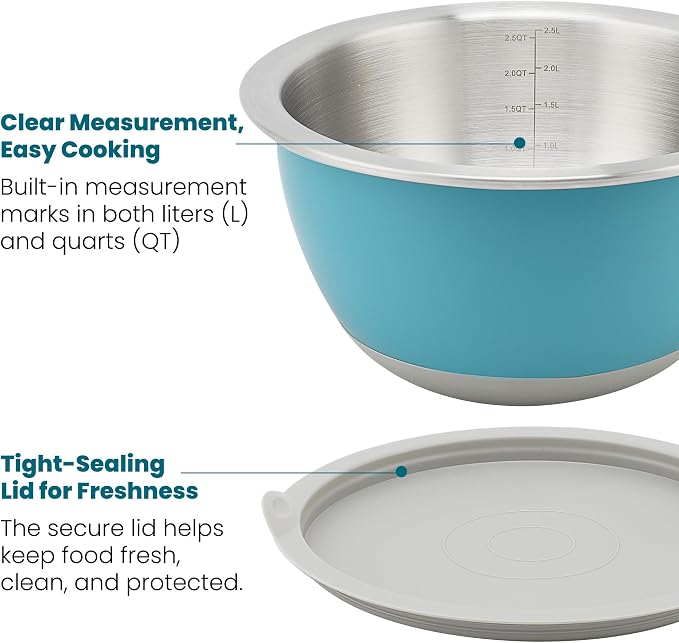 18/8 Stainless Steel Mixing Bowls Set with Lids,1.5,3 & 5 Qt,Blue | Non-Slip Silicone Base & Measurement Marks, Airtight Food Storage for Baking, Cooking & Meal Prep，Nesting Design