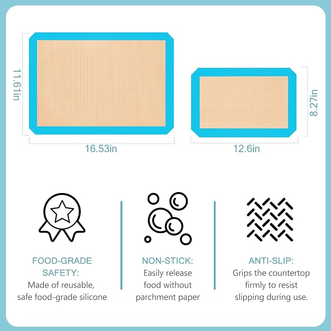 Silicone Baking Mat Set of 3, Non-Stick Baking Sheets | 2 Half & 1 Quarter Sheets, Dishwasher Safe, Reusable Baking Supplies for Cookies, Bread, Pastries & Dough