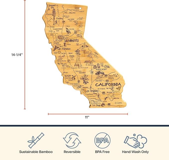 Totally Bamboo Destination California State Shaped Cutting Board | State charcuterie serving board with engraved map artwork. Smooth reverse side for food prep. Hang tie for wall display.