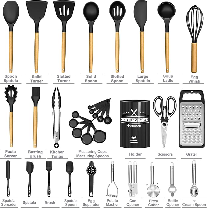 Kitchen Utensils Set- 34PCS Silicone Cooking Utensil with Holder, Umite Chef Heat Resistant Kitchen Spatula Set for Nonstick Cookware, Black Wooden Handles Kitchen Gadgets Tools Set