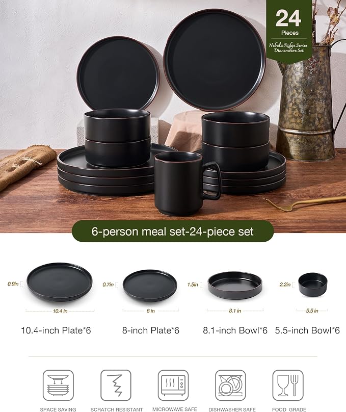 Famiware Nebula Ridge 24-Piece Dinnerware Set with Pasta Bowls, Matte Black | Stoneware Plates and Bowls for 6, Warm Hand-Painted Rims, Microwave and Dishwasher Safe