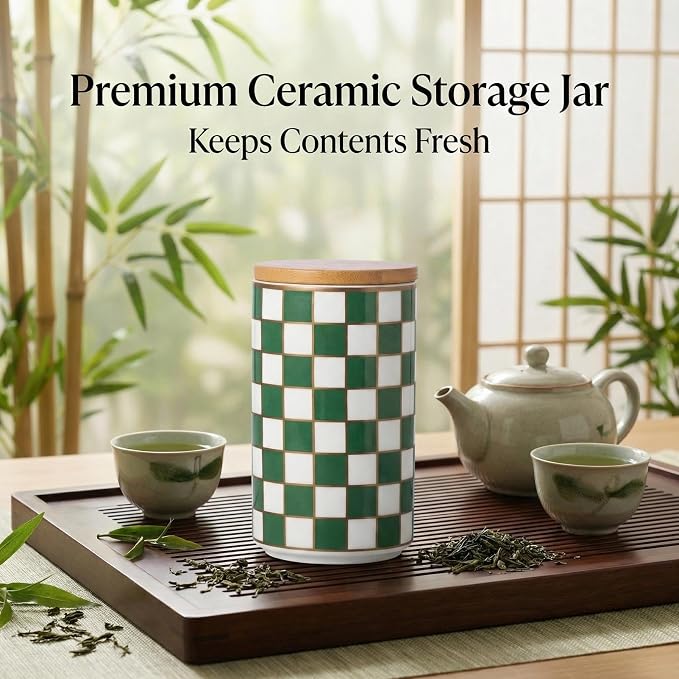 1 Piece Ceramic Coffee Canister, Airtight Coffee Container with Lid for Kitchen Storage (15.8x9cm, Green Checkered)
