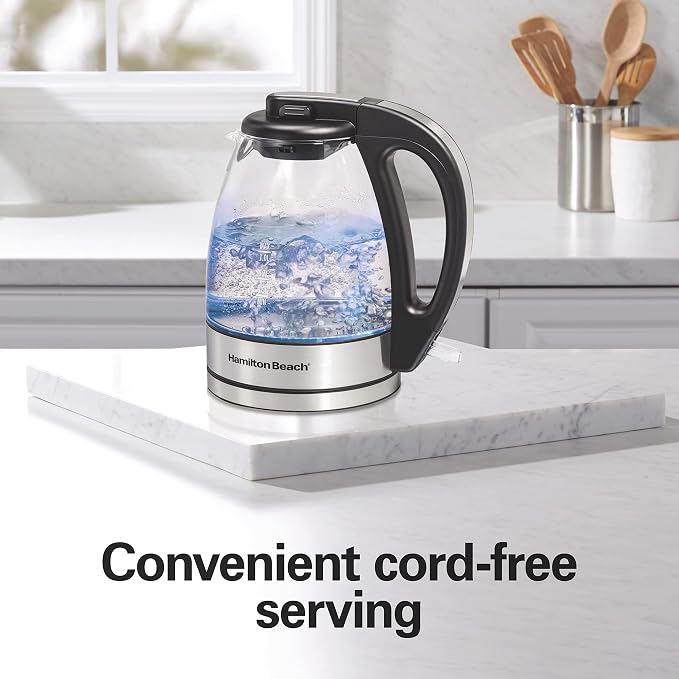 Hamilton Beach 1 Liter Electric Tea Kettle, Water Boiler & Heater | Fast Boiling 1500 Watts | BPA Free | Cordless Serving | Auto-Shutoff & Boil-Dry Protection | Blue LED | Clear Glass